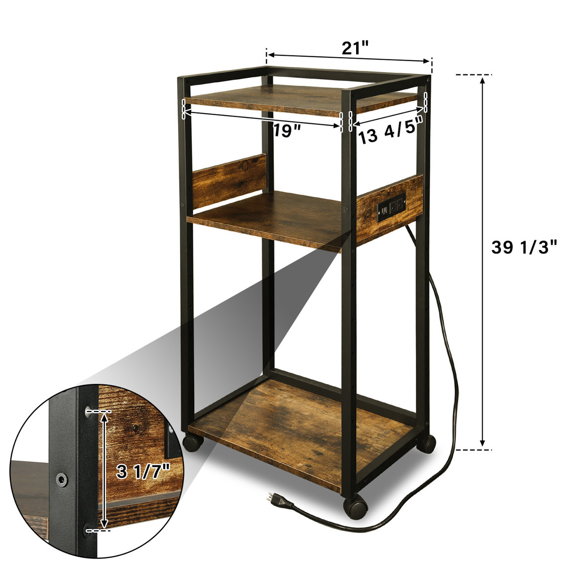 TCMT 3Tier Rolling Printer Stand Storage Rack Shelf w/ USB and Power